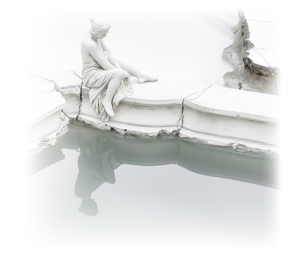 A Statue sitting at a cracked swimming pool