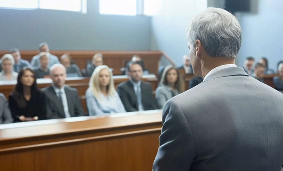 Lawyer speaking to the jury in a Texas courtroom