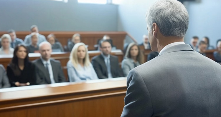 Lawyer speaking to the jury in a Texas courtroom