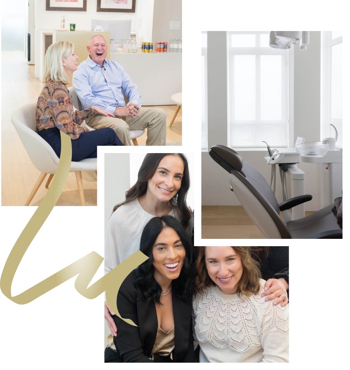 Collage of smiling patients, friendly staff, and a modern dental treatment room in a bright, welcoming office setting