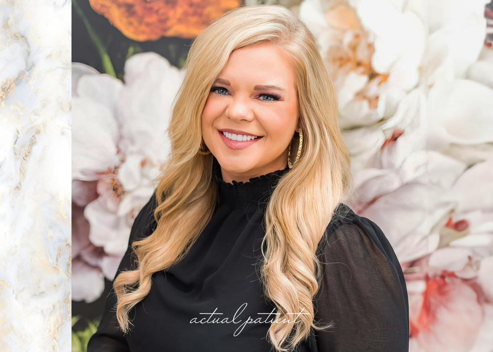 real patient smiling against floral background