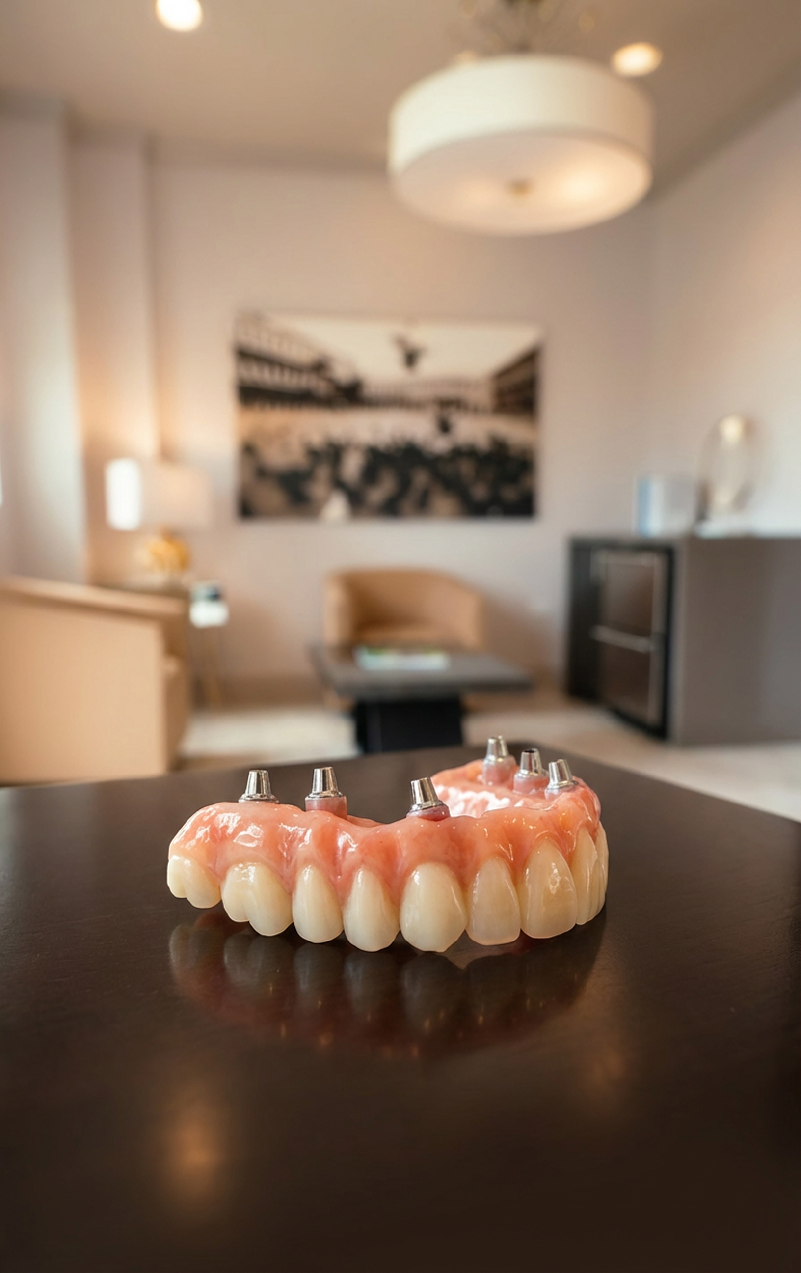 Upper full-arch dental implant prosthesis with six abutments on a dark tabletop in a modern office setting