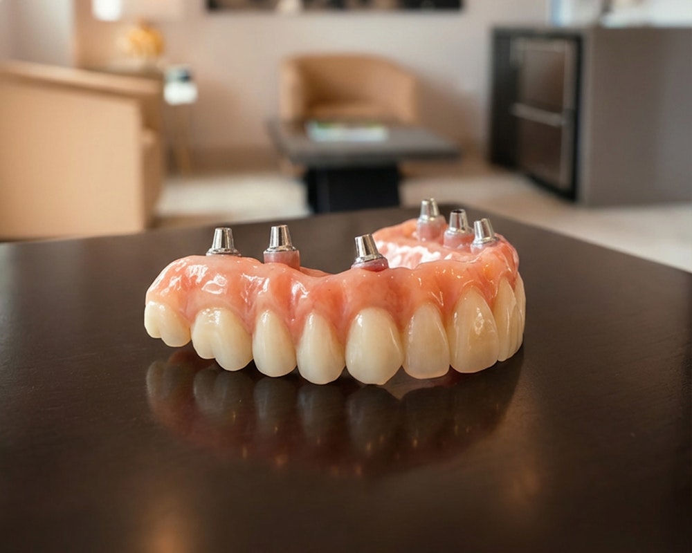 Upper full-arch dental implant prosthesis with six abutments on a dark tabletop in a modern office setting