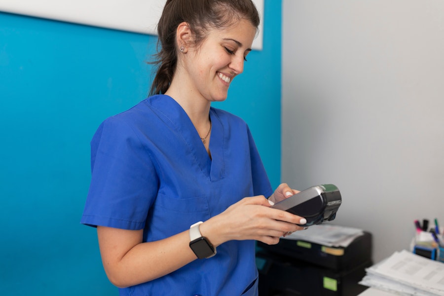 Smiling dental team member in blue scrubs using a payment terminal