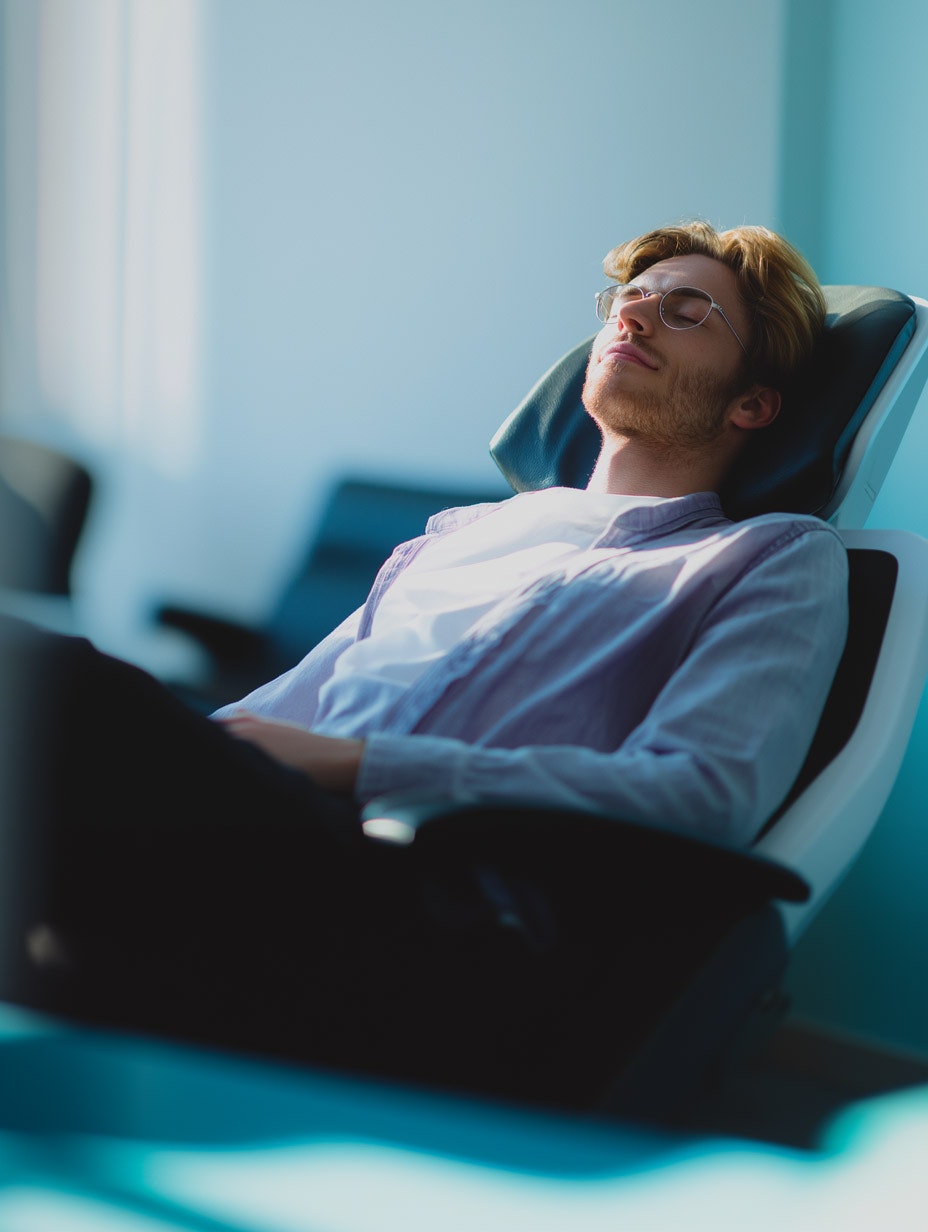 Young man relaxing in dental chair with eyes closed and slight smile