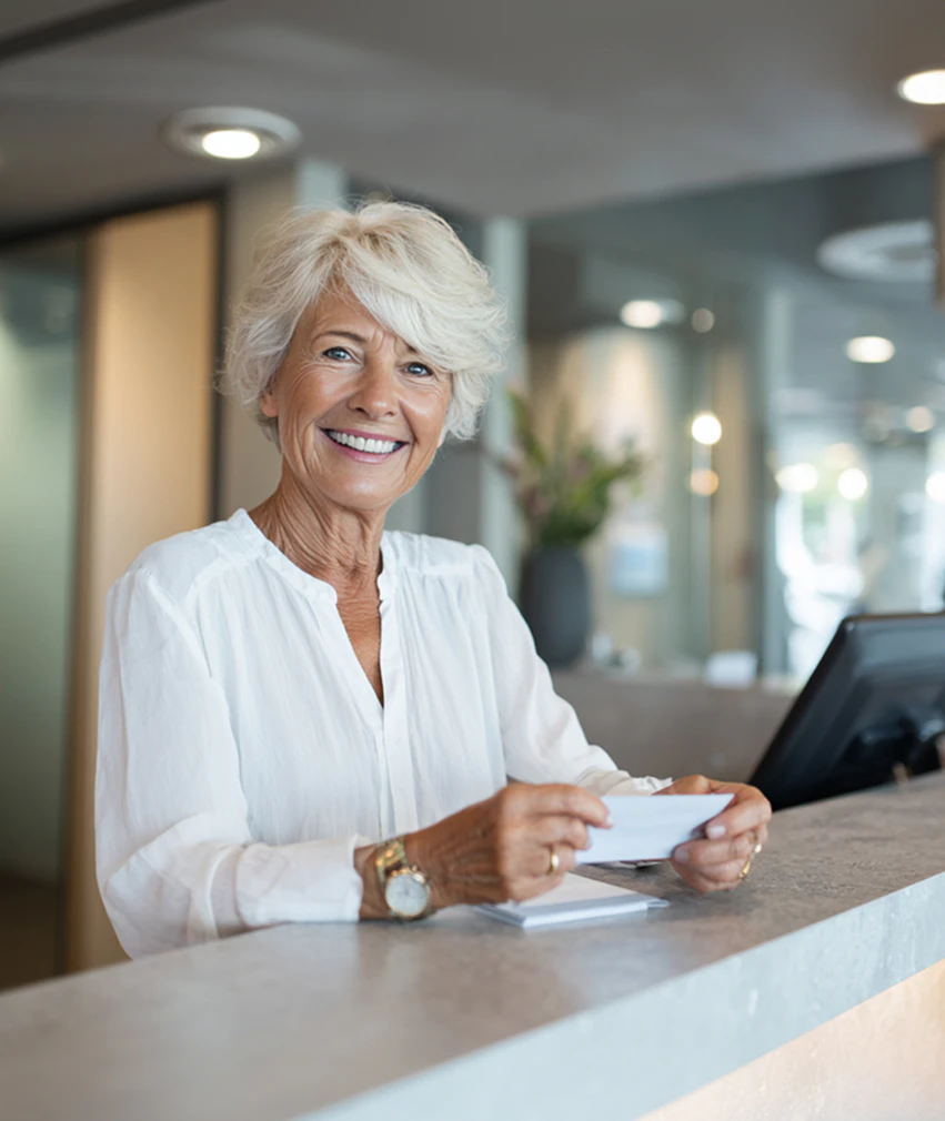 senior woman checking out of dental appointment