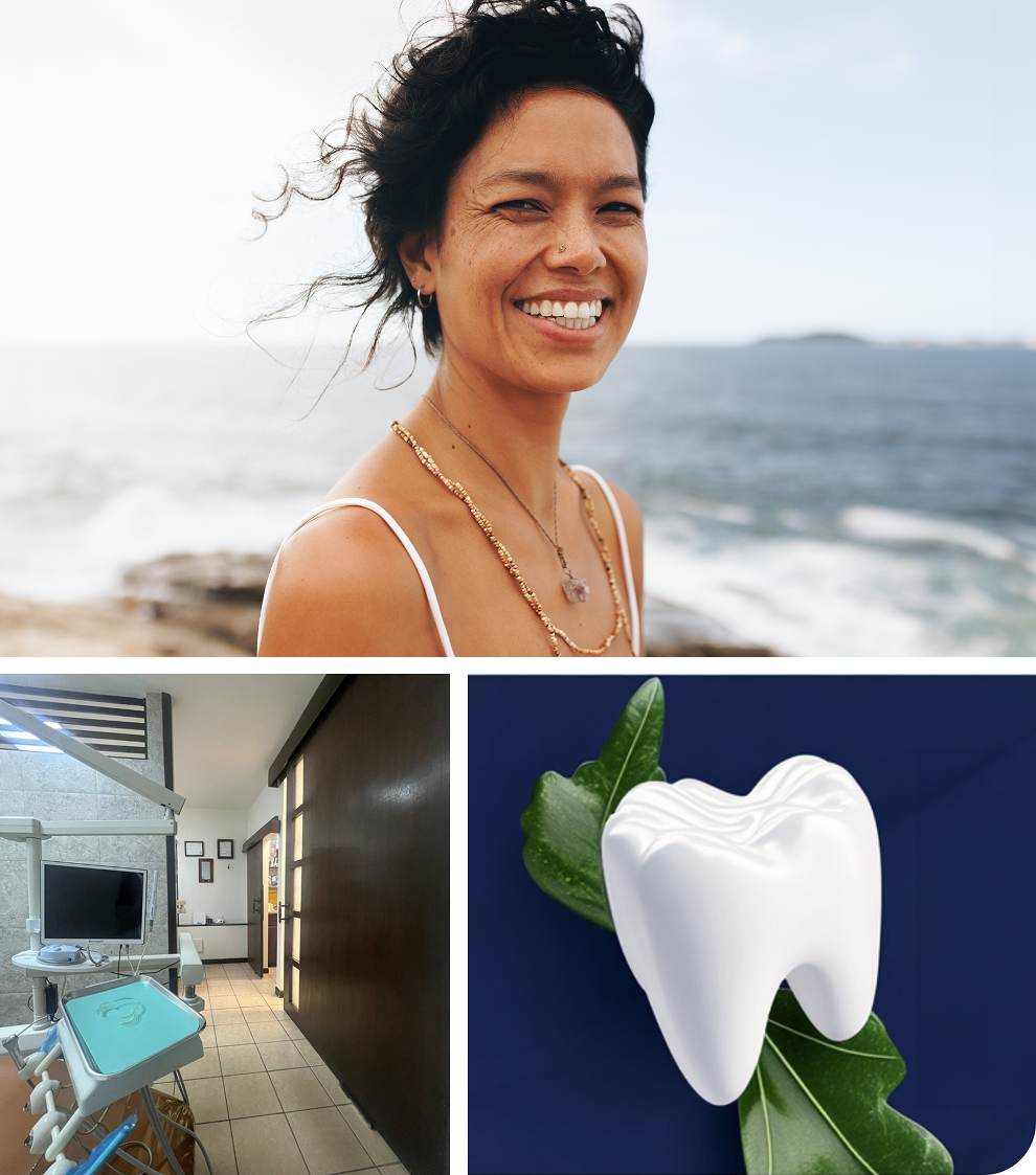 Woman smiling, dental office, and an illustration of a dental crown