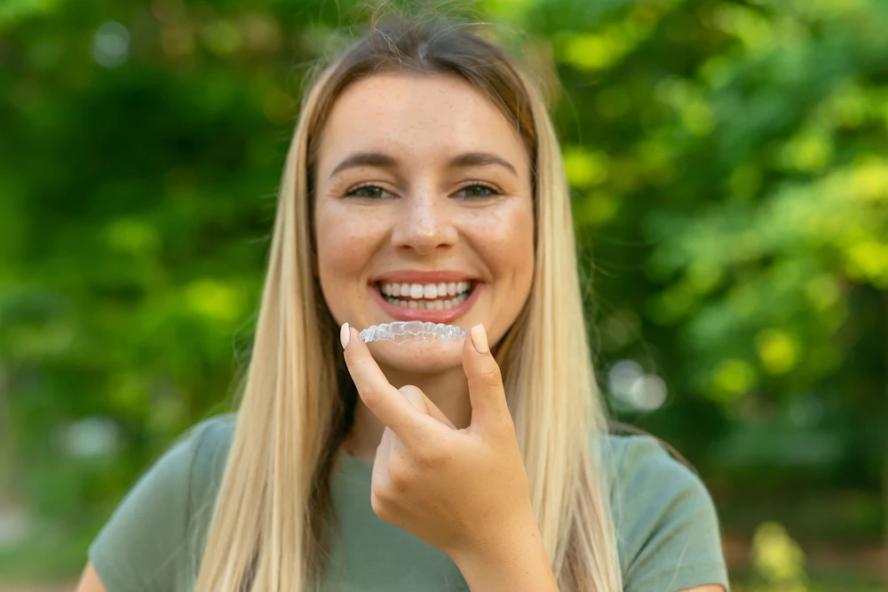 Smiling woman holding invisalign up to the camera