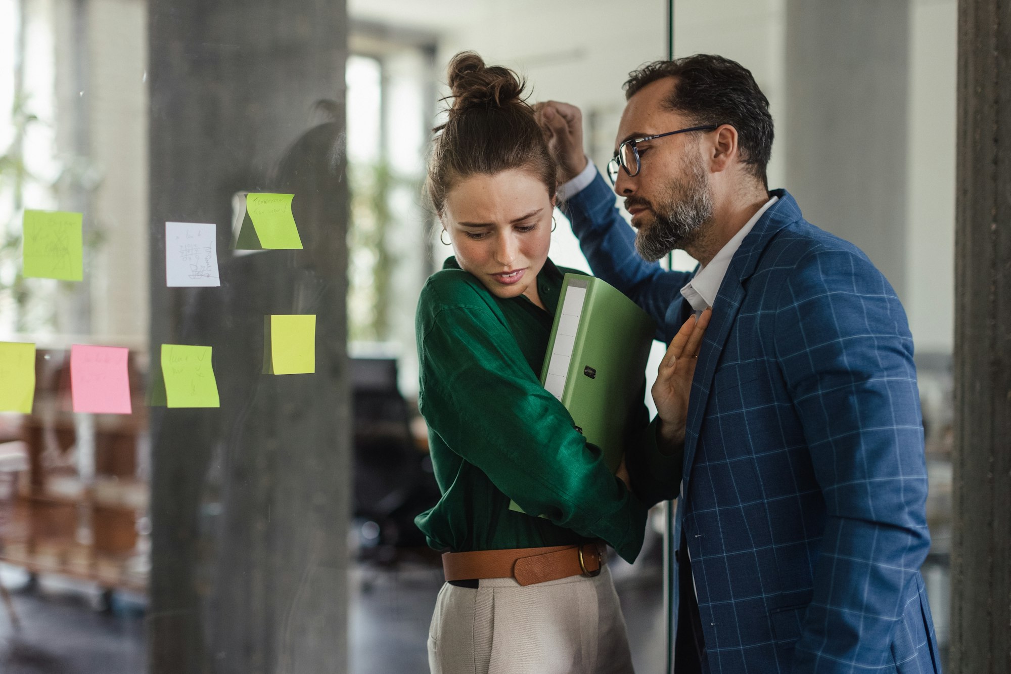 uncomfortable woman rejecting coworker