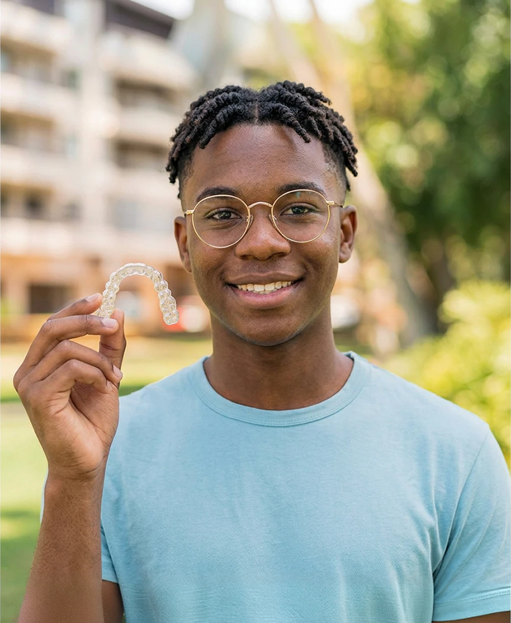 Young man smiling and holding Invisalign tray