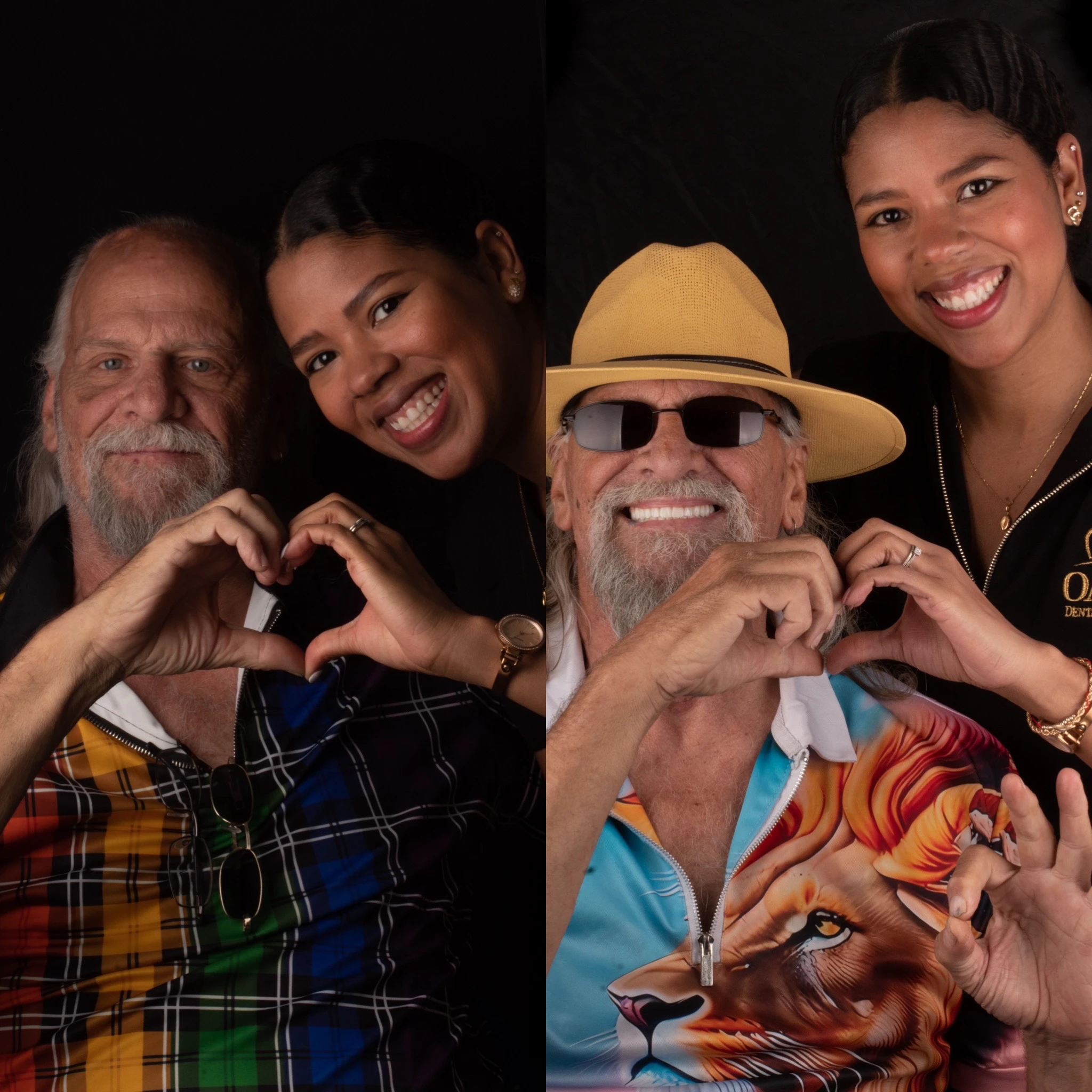 All-on-6 patient before and after treatment, smiling and making heart hands with an Oasis Dental Specialties team member