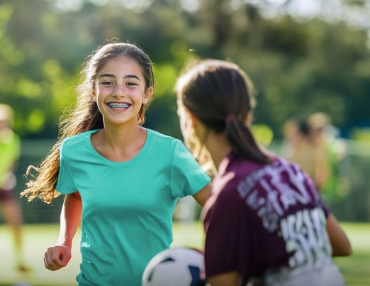 Girl with braces playing soccer