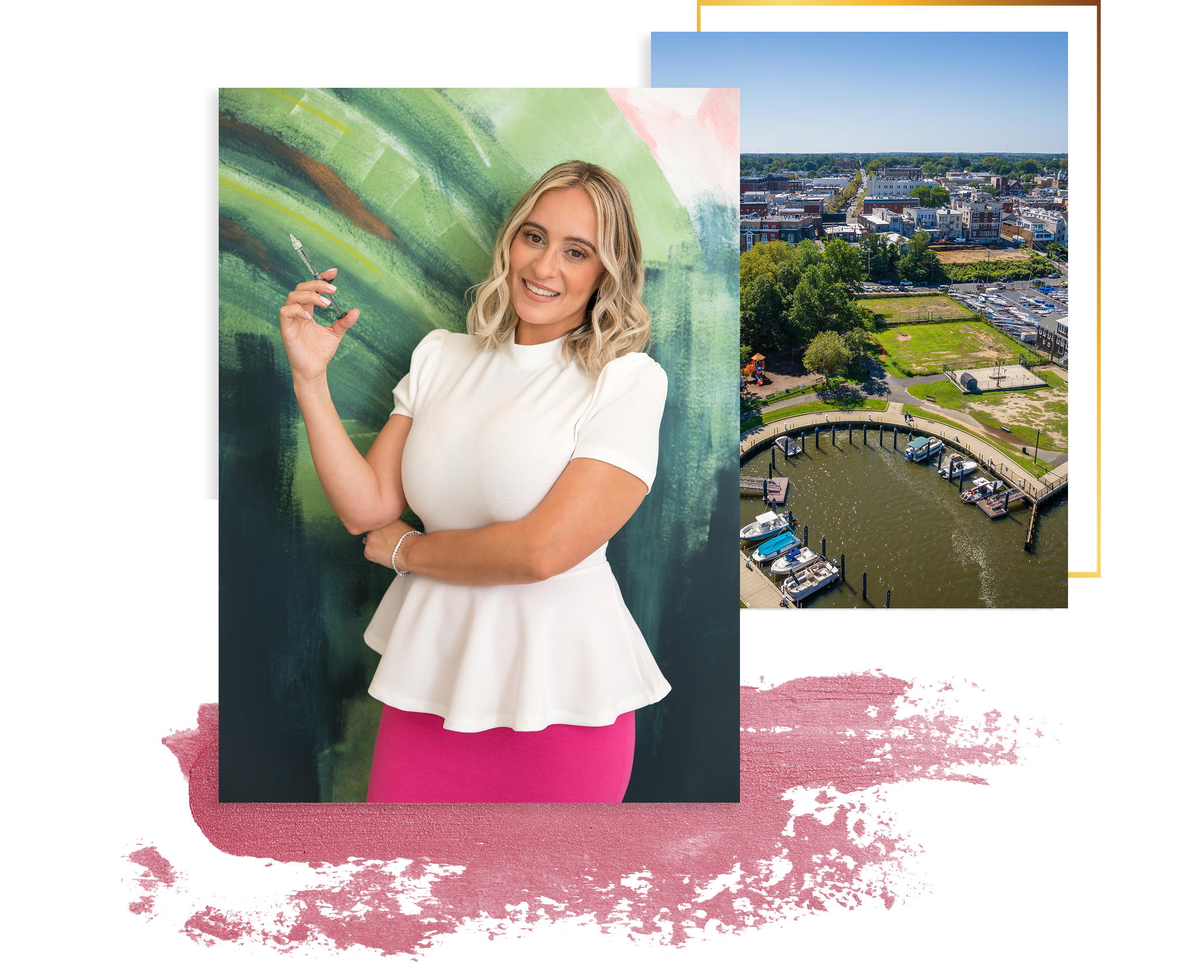 Nichole Gilbarty and aerial view of Red Bank