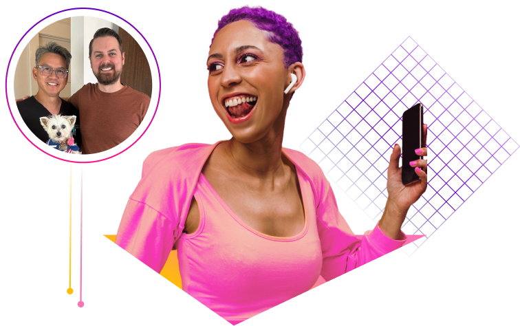 Happy patient on the phone and Uptown Optometry doctors