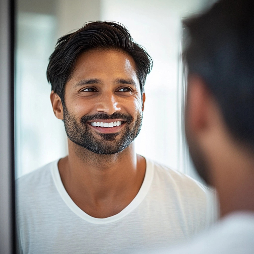 man with great hair looking in mirror
