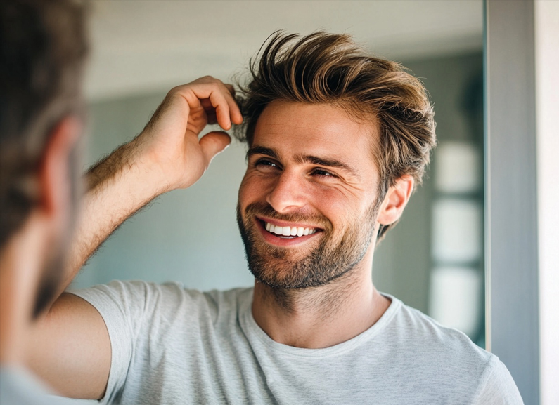 man happy with his full hairline