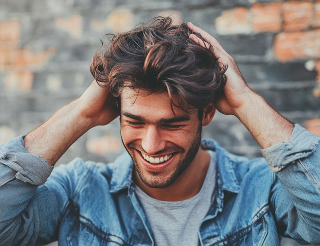 smiling man running hands through his hair