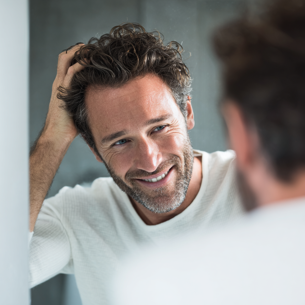 man looking in mirror with a full head of hair