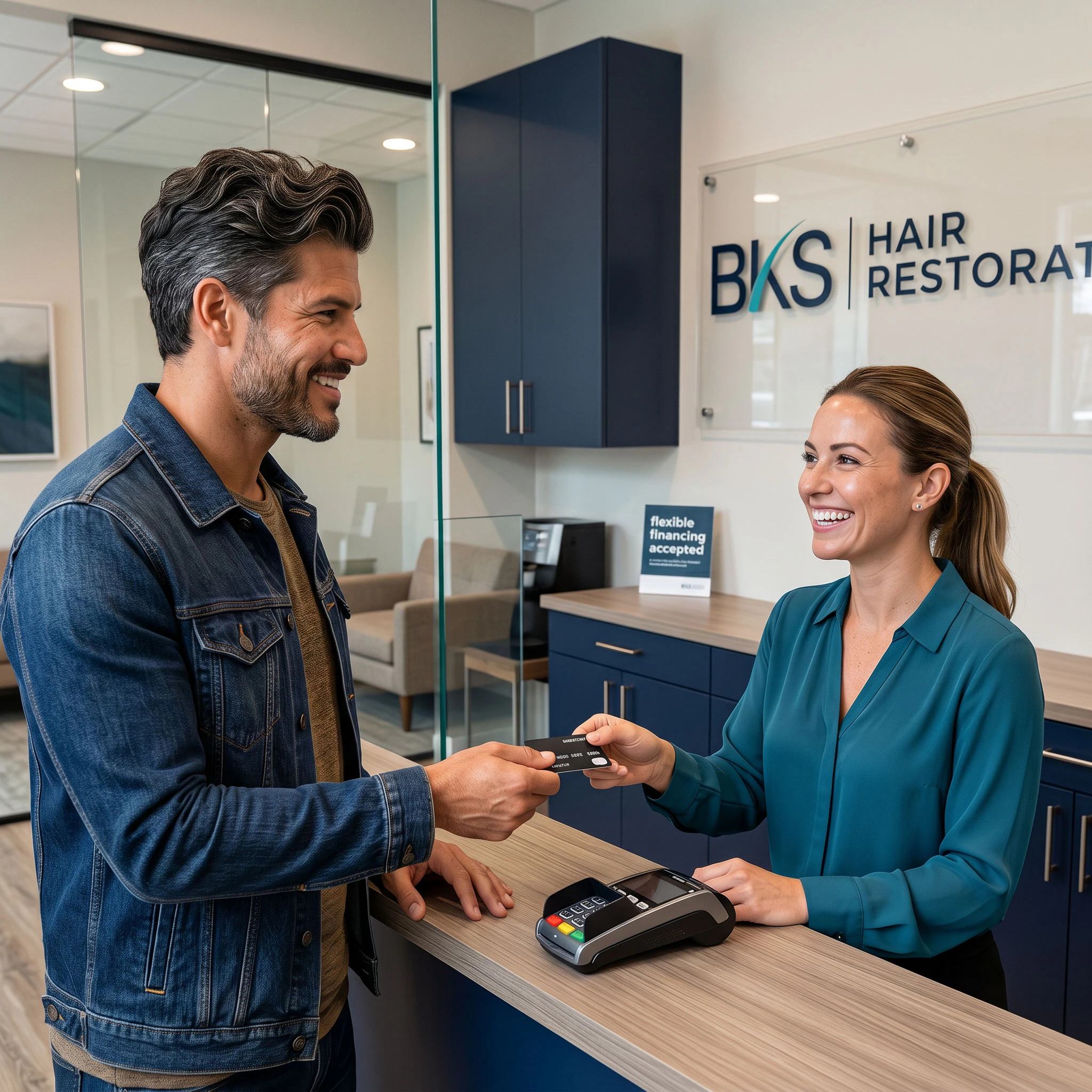 man paying for hair restoration 