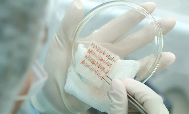 Close-up of gloved hands removing hair follicles from petri dish