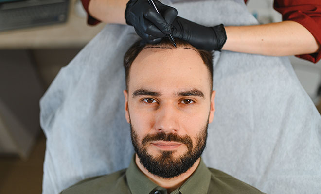 Man getting his scalp drawn on