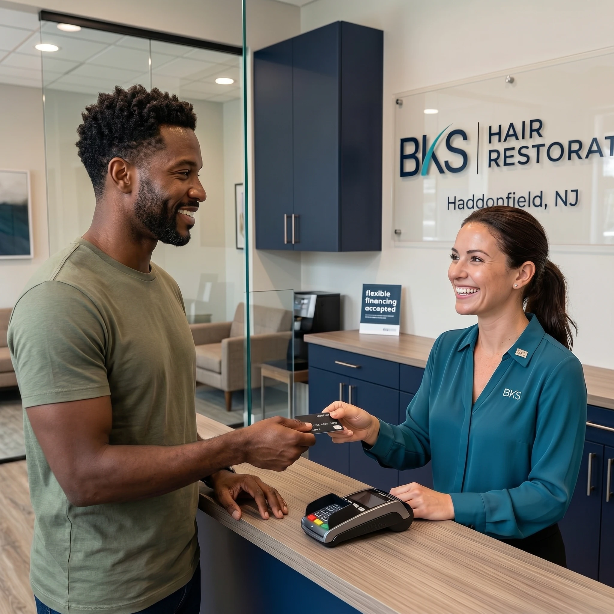 man paying for hair transplant