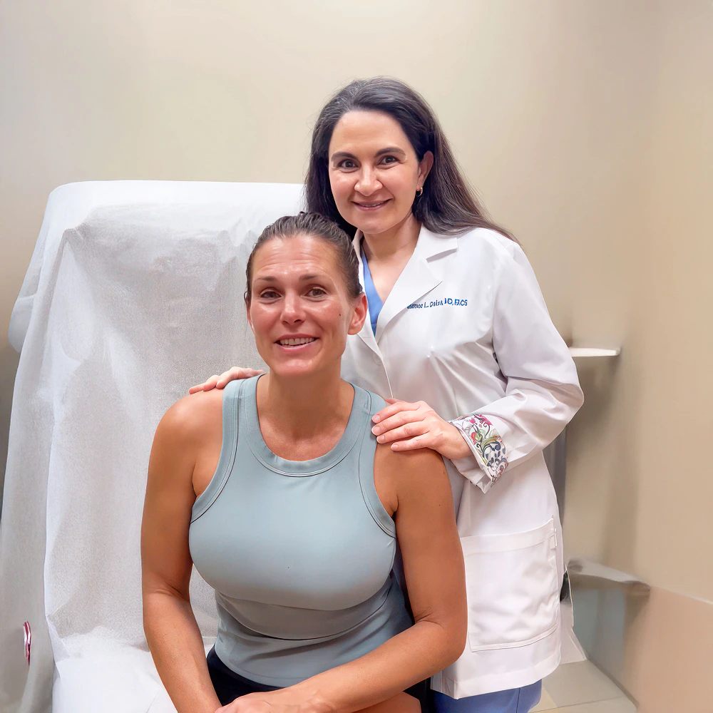 dr. daiza and patient wearing blue top