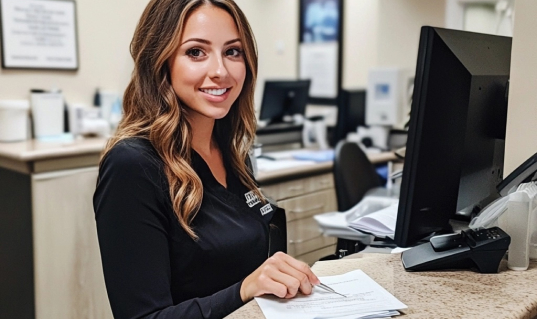 Front office staff at the computer