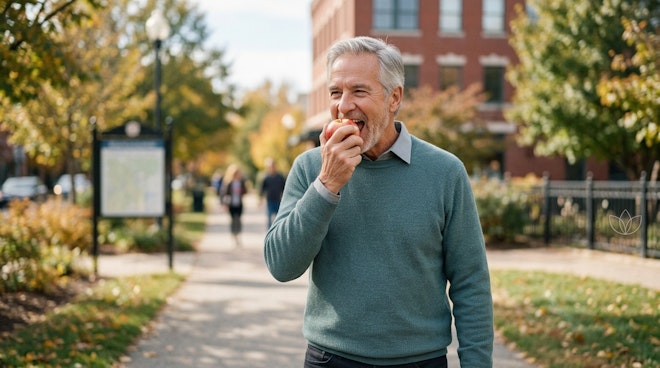 Senior man biting an apple