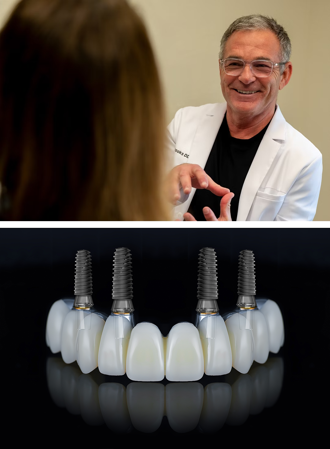 Dr. Brooks educating a patient and All-on-4 denture