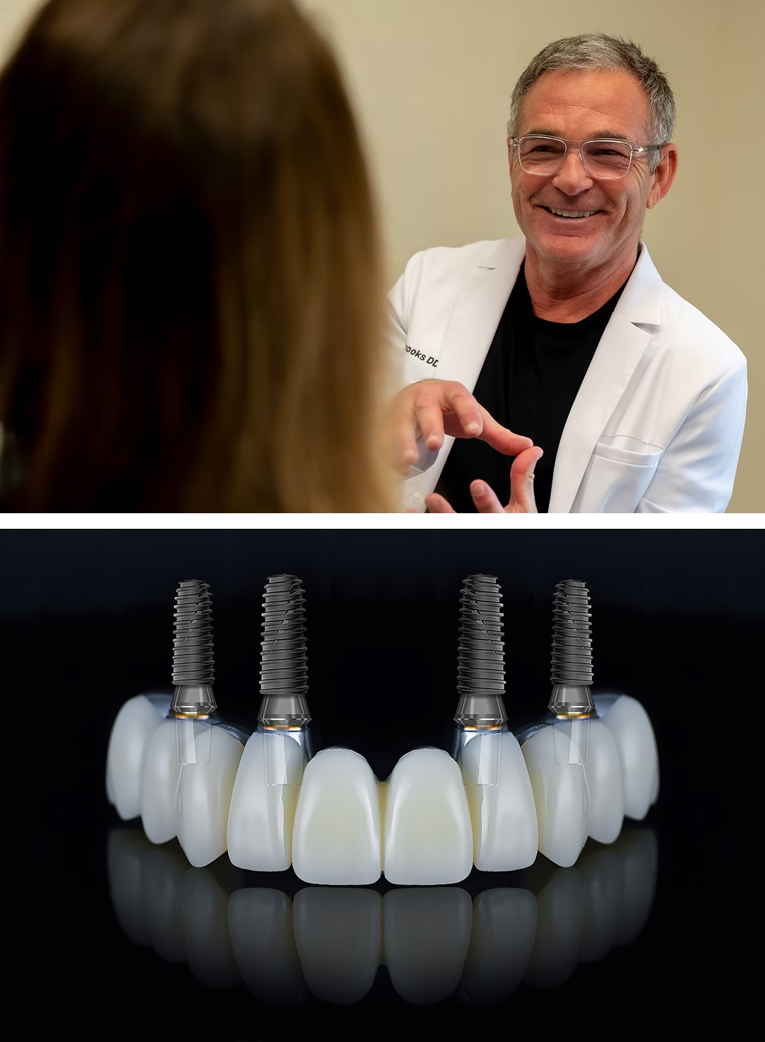 Dr. Brooks educating a patient and All-on-4 denture