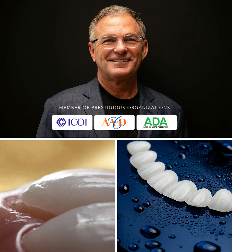 collage of veneers, Dr. Brooks, and his affiliations