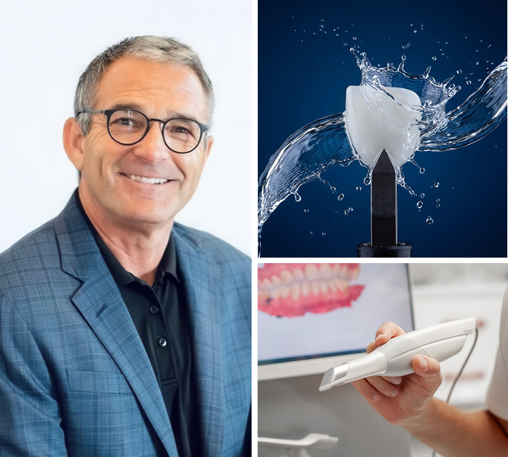 collage of dentist, veneer, and dental technology