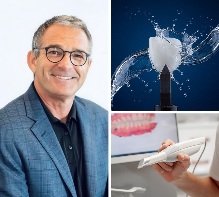 collage of dentist, veneer, and dental technology