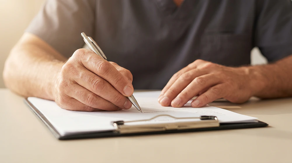 man signing papers on a clip board