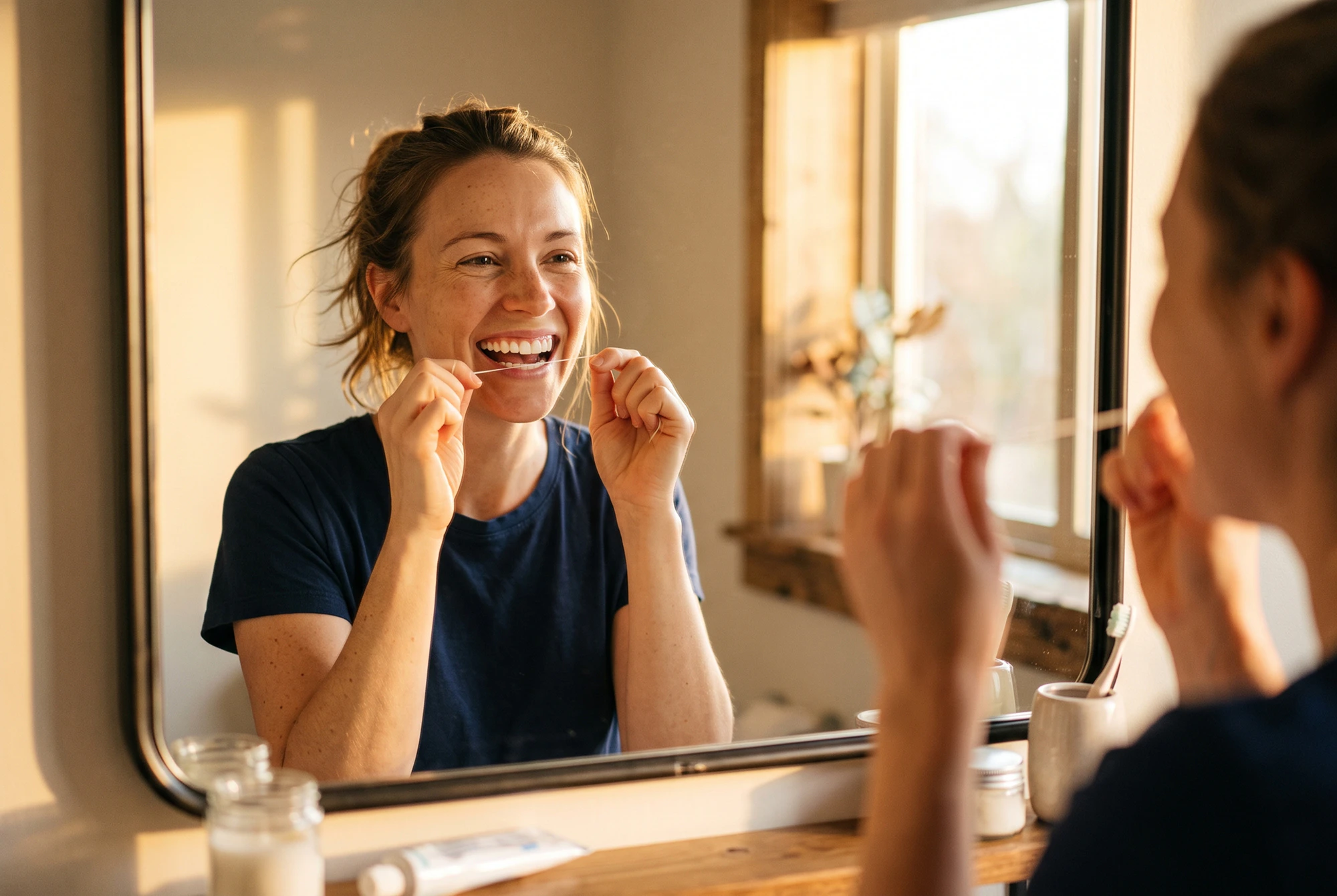 woman smiling and flossing
