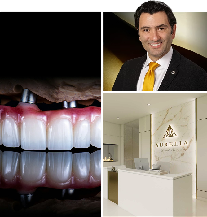 collage of Dr. T, implant denture, and office imagery