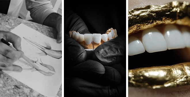 Triptych showing a hand sketching a tooth design, a set of ceramic veneers held in gloved hands, and a close-up of white teeth framed by gold-painted lips.