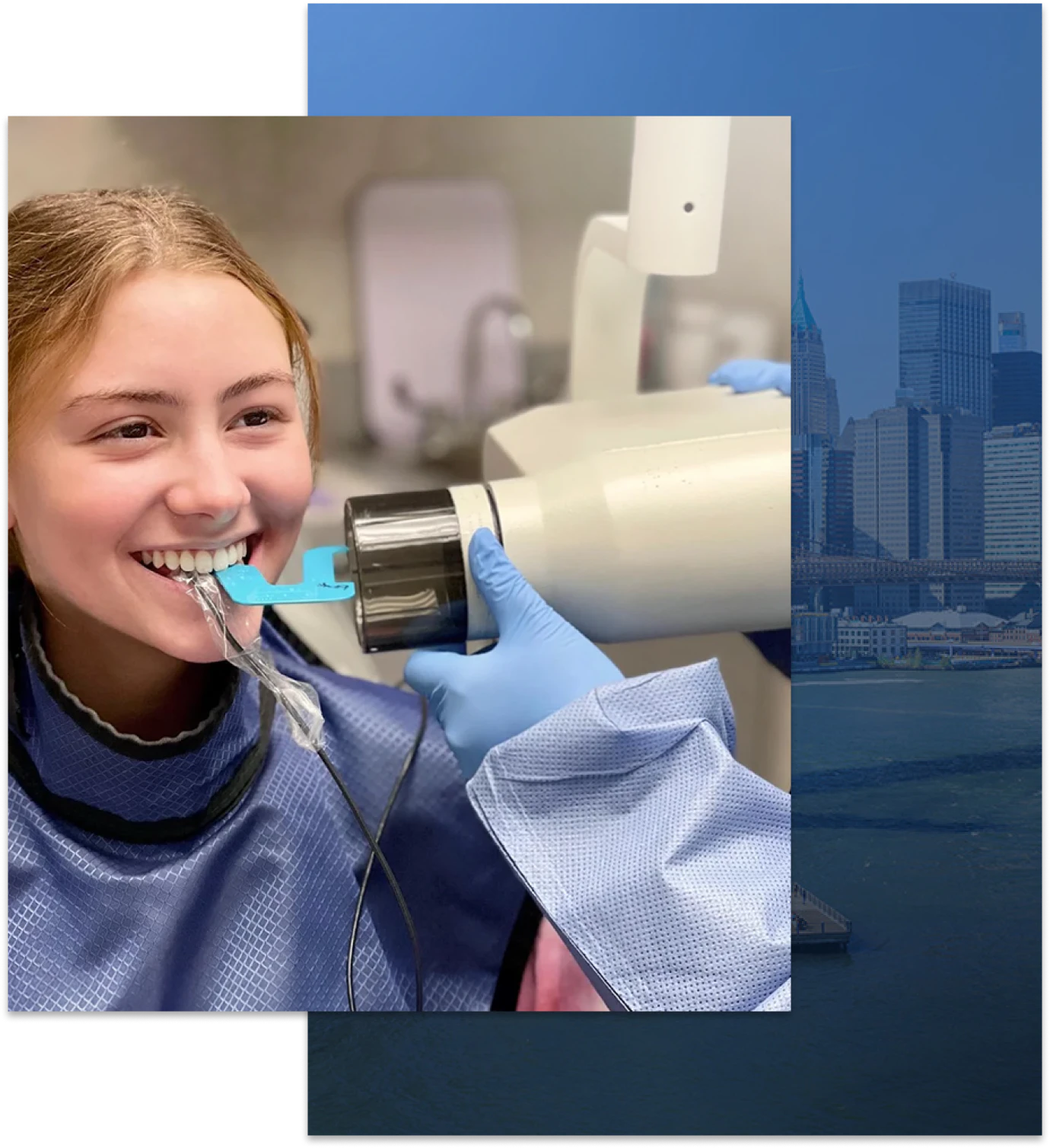 Smiling patient having x-rays taken