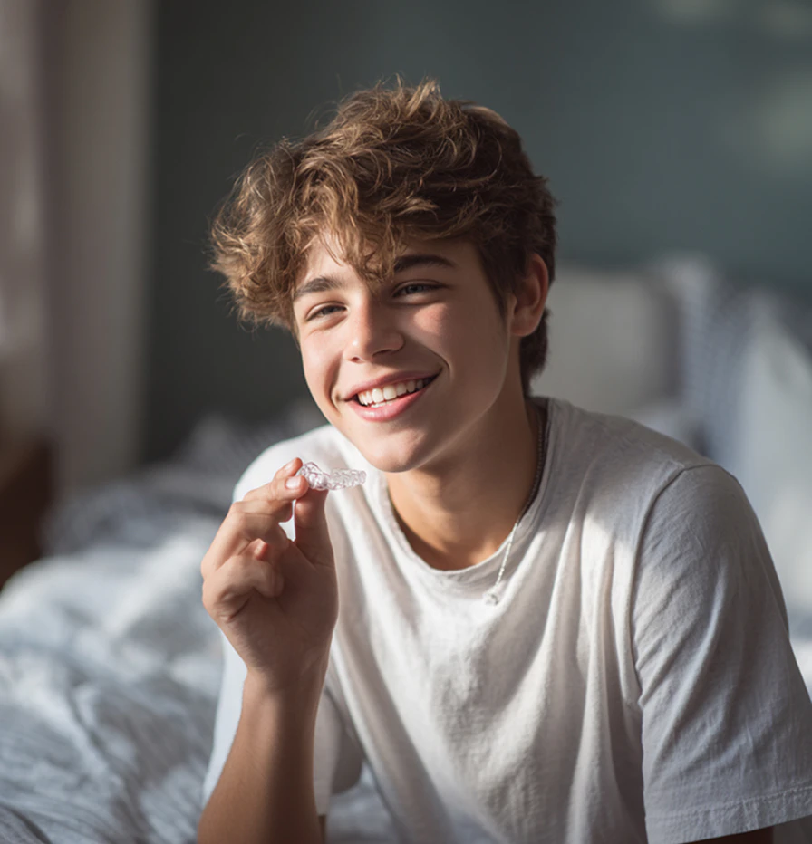 Smiling teenage boy holding clear aligner