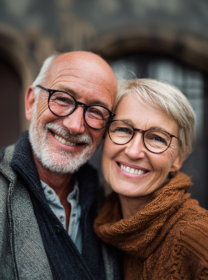 Smiling older couple wearing glasses, close‑up portrait.