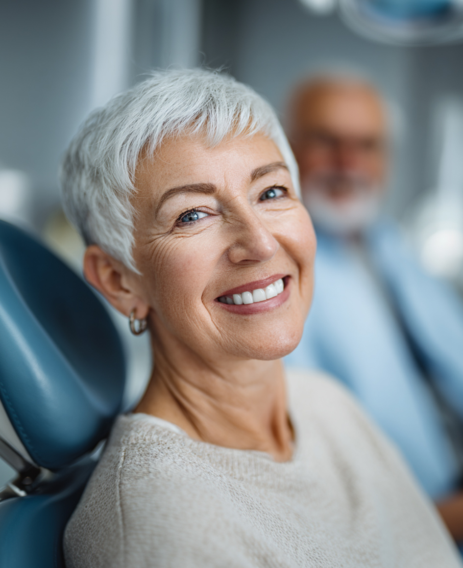 Senior woman with short white hair seated in a dental chair, smiling at the camera, with a blurred older man in the background.