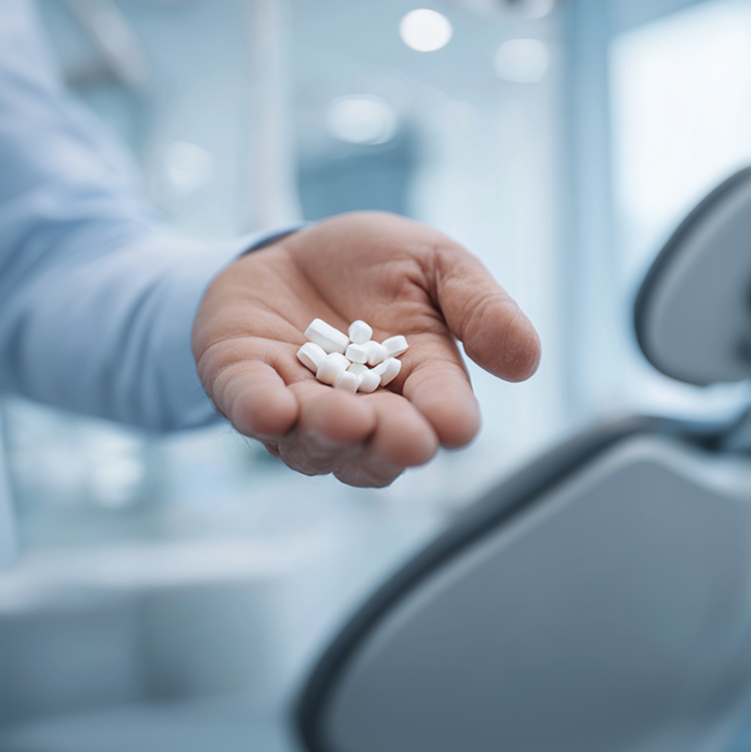 Open hand holding oral sedation medication tablets