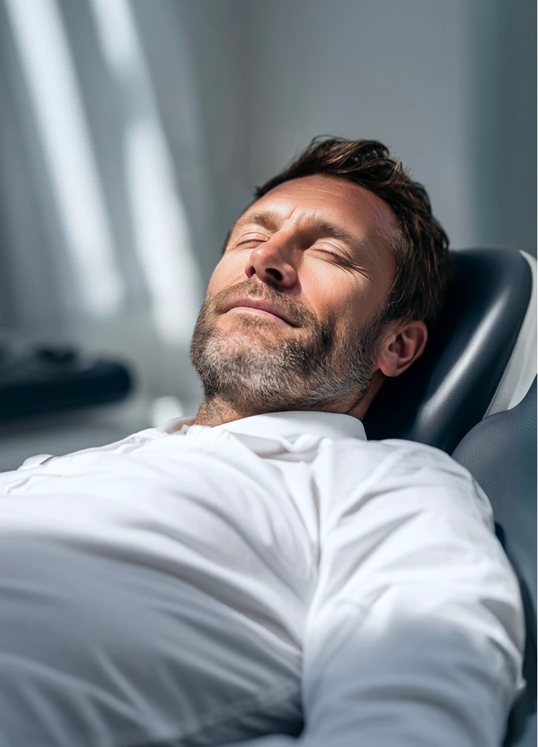 man relaxed in dental chair smiling with eyes closed