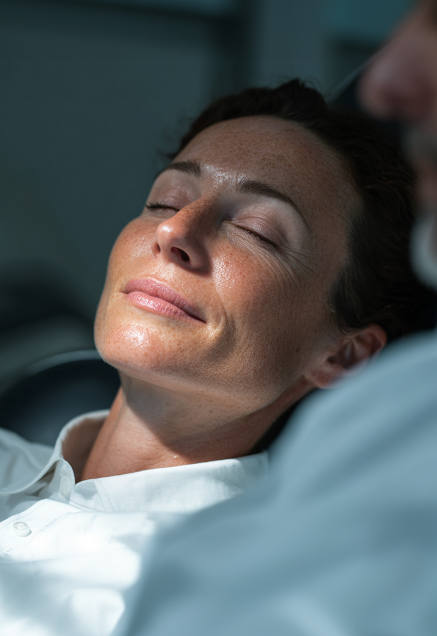 Woman resting comfortably with her eyes closed in a dental chair