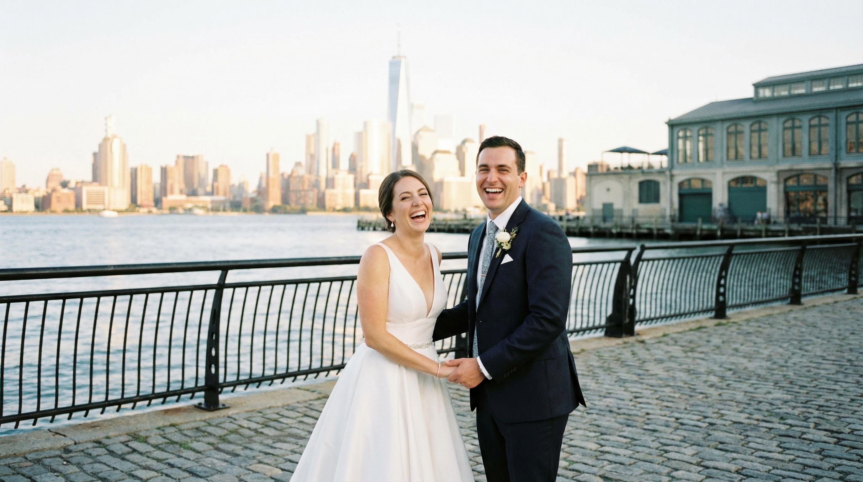 a newlywed couple at the hoboken waterfront