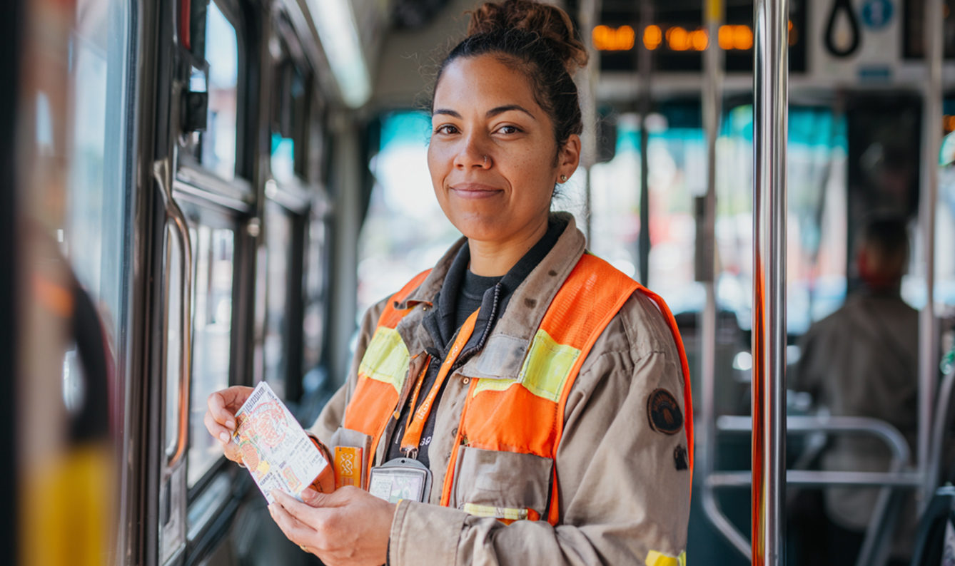 woman on a bus in a safety vest