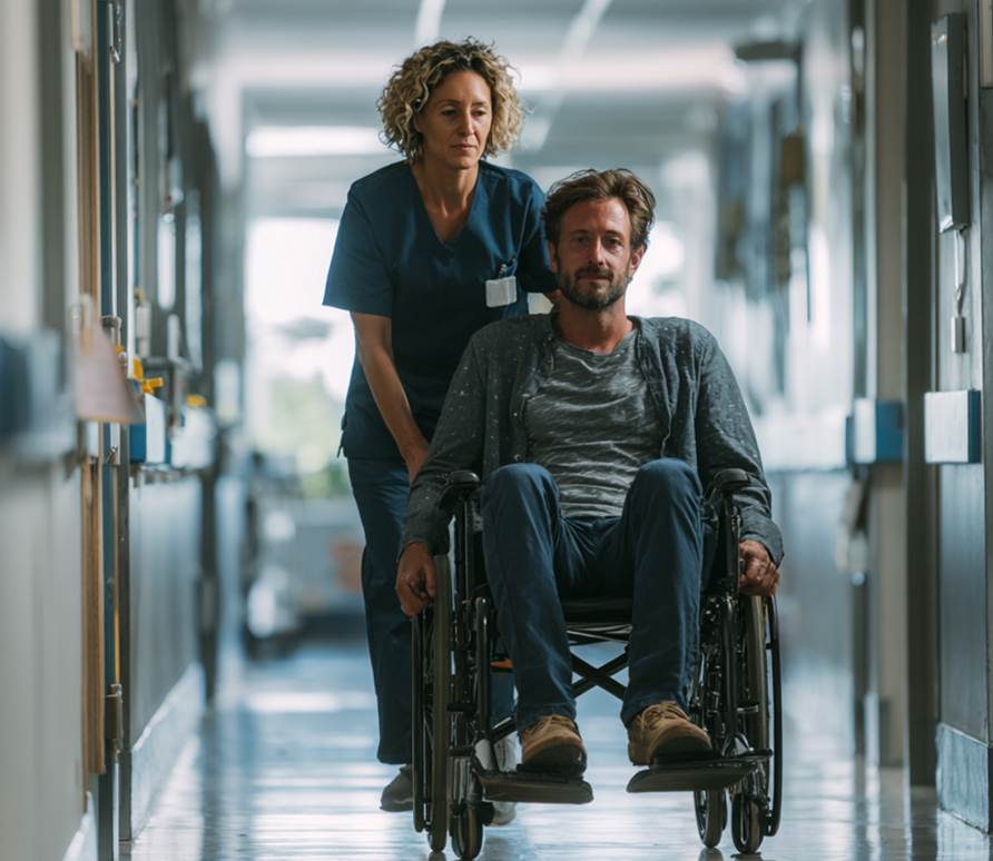 nurse pushing man in wheelchair
