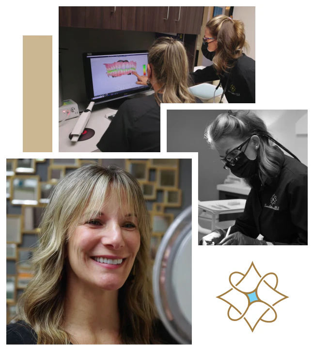 Collage of dental team reviewing scans, working on patient, and patient smiling in mirror