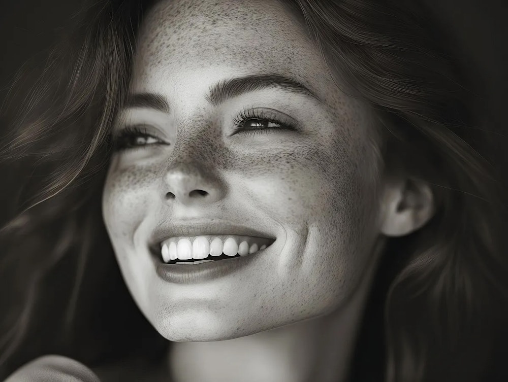 smiling woman in black and white